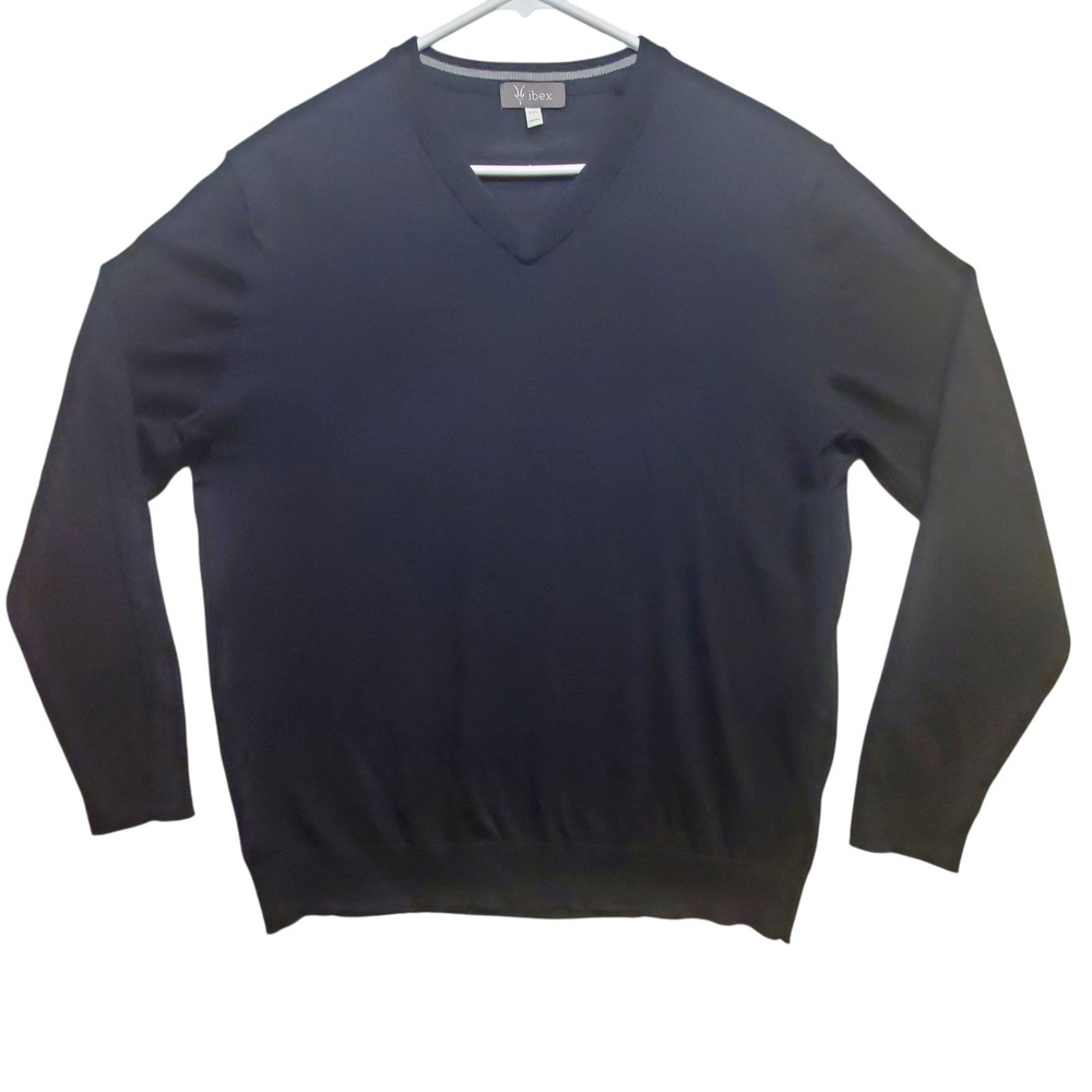 Ibex Mens V Neck Sweater Large Navy Blue Merino Wool Blend Pullover Long Sleeve
